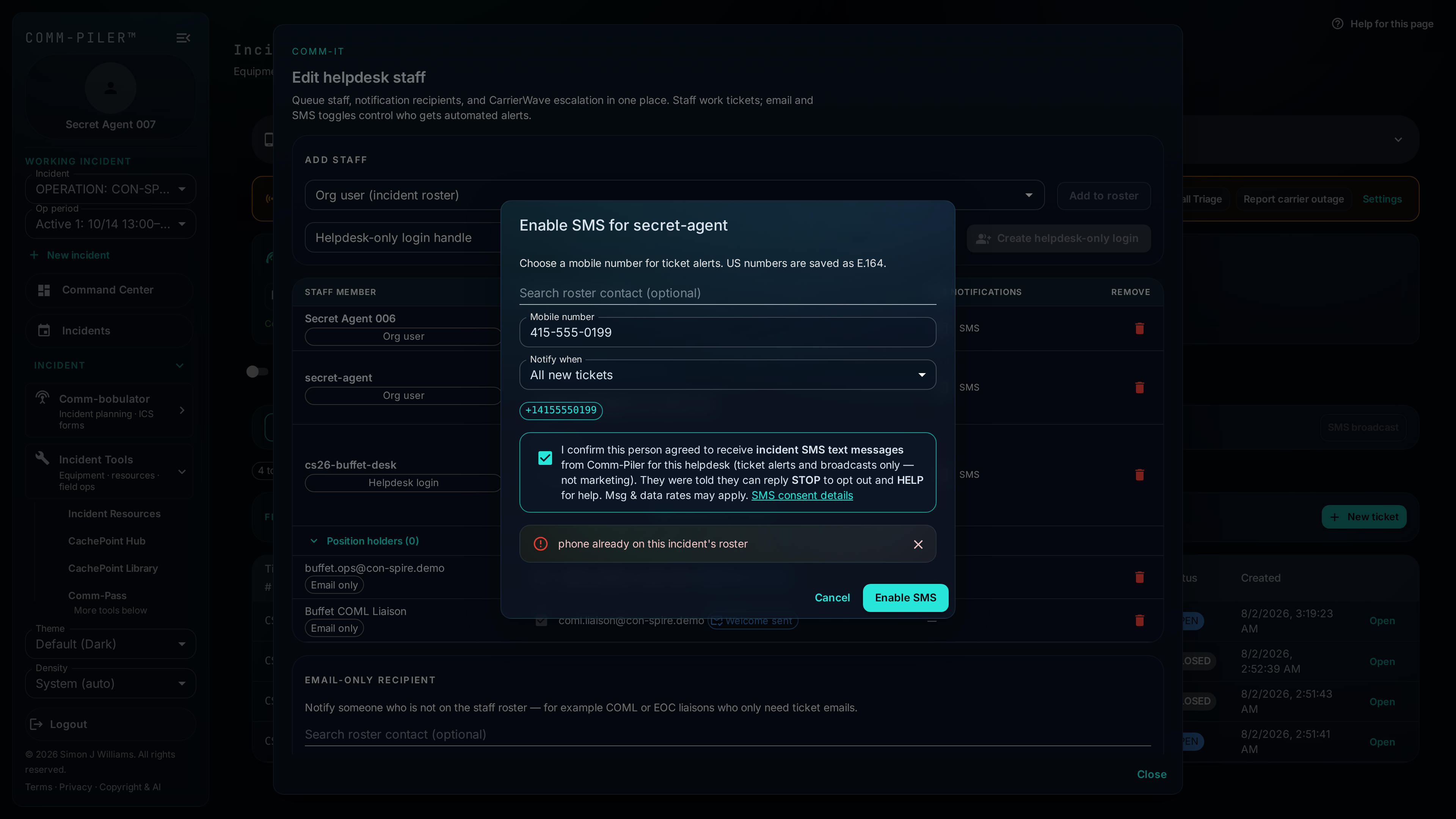 COMM-IT ticket queue. Demo incident OPERATION: CON-SPIRE '26 (scrubbed sandbox)—not live agency data.
