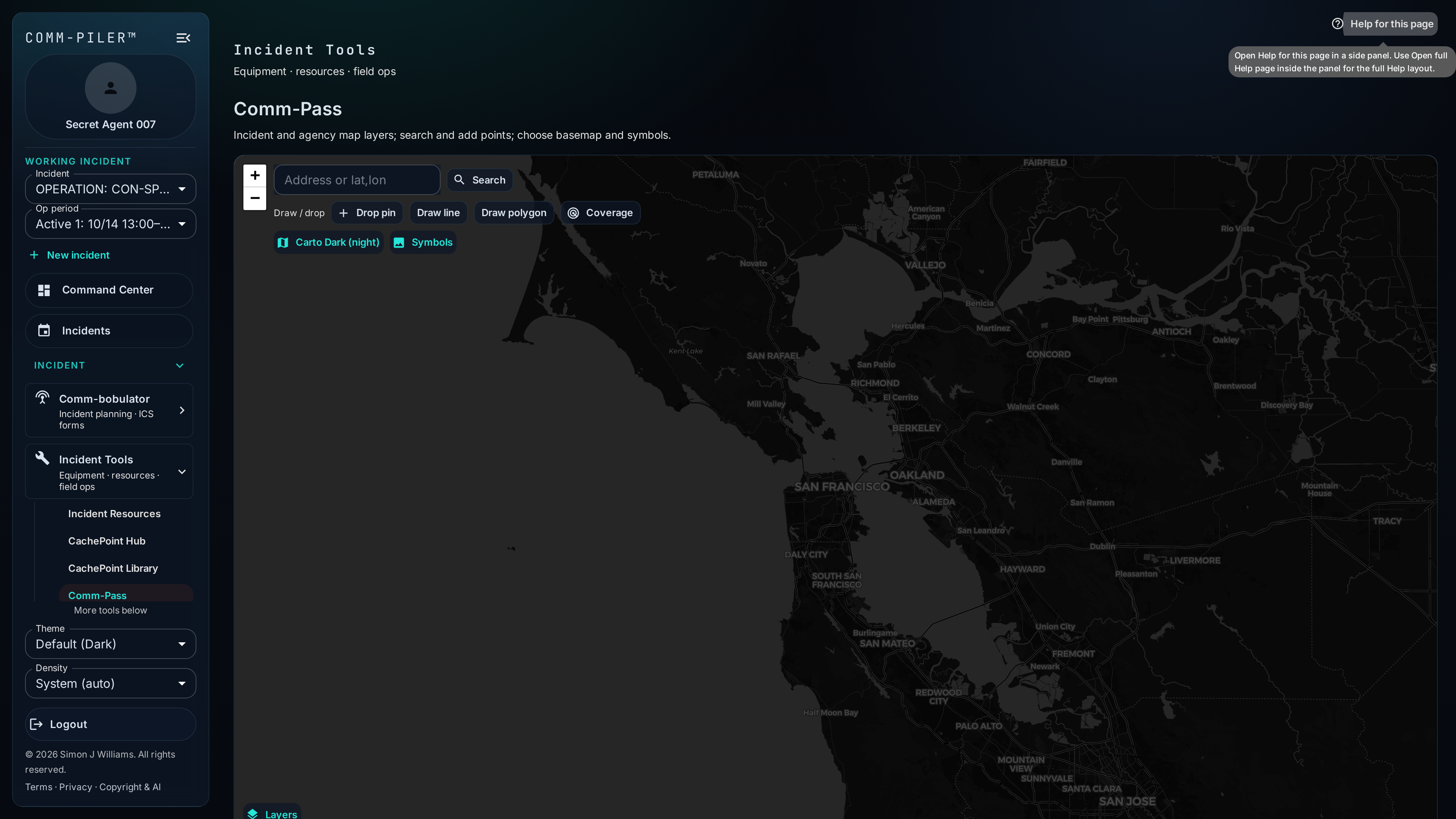CommPass incident map overview. Demo incident OPERATION: CON-SPIRE '26 (scrubbed sandbox)—not live agency data.