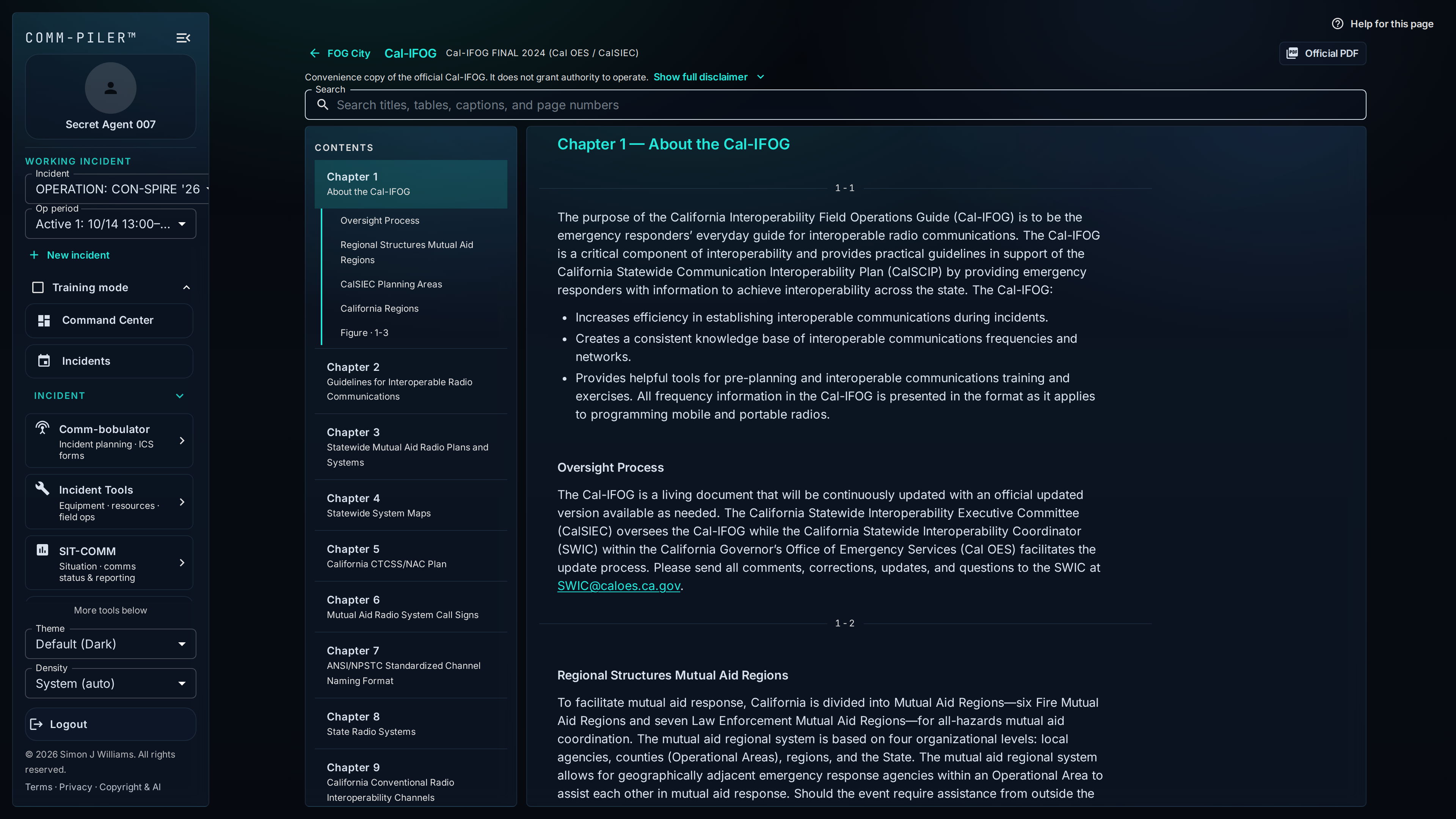 Cal-IFOG reader in FOG City. Demo incident OPERATION: CON-SPIRE '26 (scrubbed sandbox)—not live agency data.