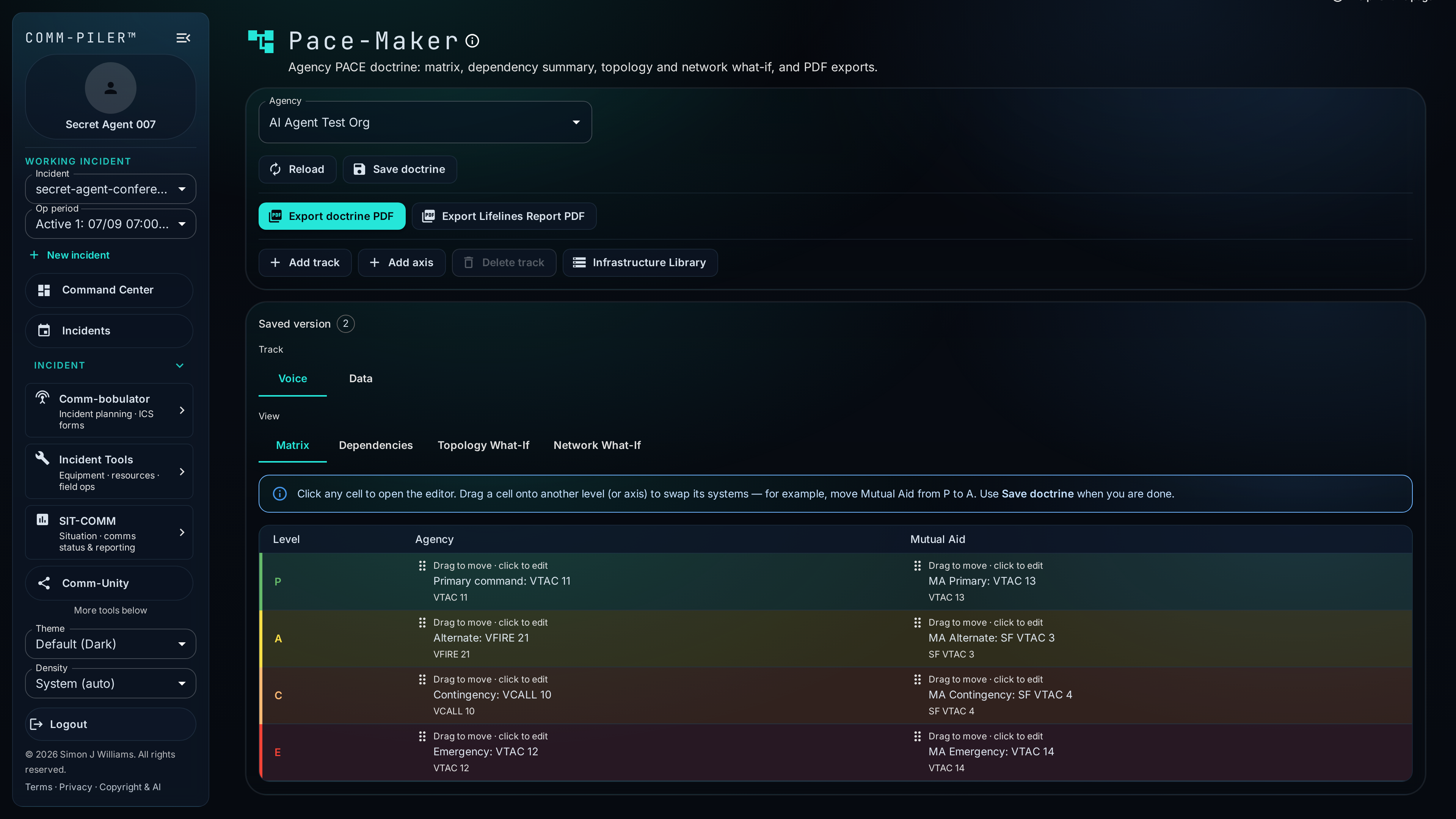 Pace-Maker voice doctrine matrix (Tools → Pace-Maker). Demo incident OPERATION: CON-SPIRE '26 (scrubbed sandbox)—not live agency data.