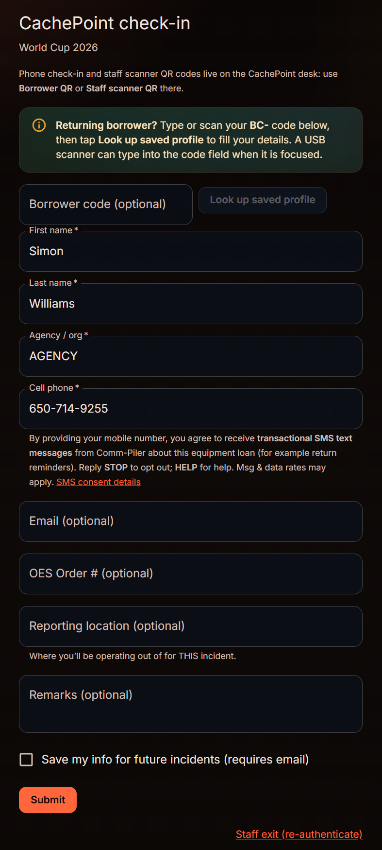 CachePoint check-in form showing Cell phone field with transactional SMS consent disclosure and STOP opt-out