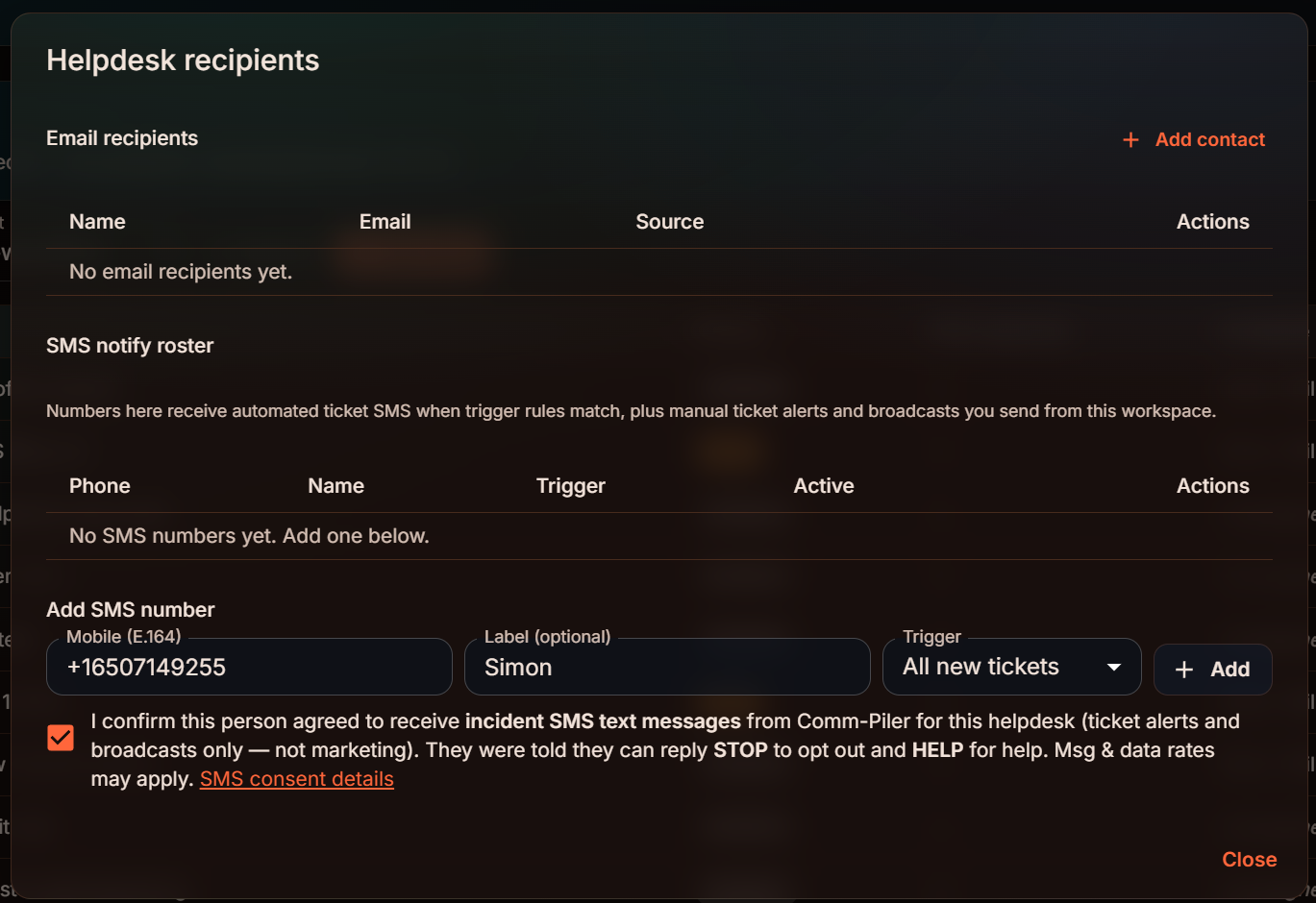 COMM-IT Helpdesk recipients dialog showing SMS notify roster and consent checkbox before Add SMS number